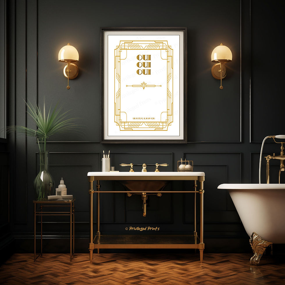 an art deco style typography poster in black with gold lettering and filigree embellishments that reads "OUI OUI OUI" in large letters and "said the little pig all the way home" in smaller text at the bottom, in a chic period black bathroom