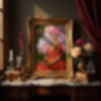 Framed altered art portrait with pink clouds in a maximalist interior