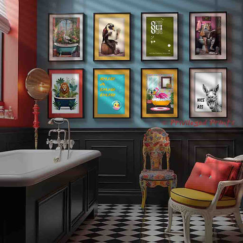 Bathroom posters quirky art prints bold colourful vintage pop art statement pieces wall decor collection