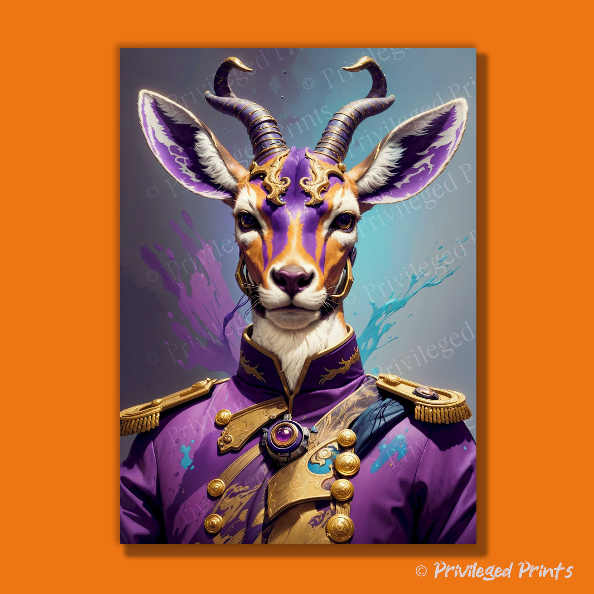 an animal art print of a deer in a purple military uniform, in the style of a Victorian portrait oil painting.