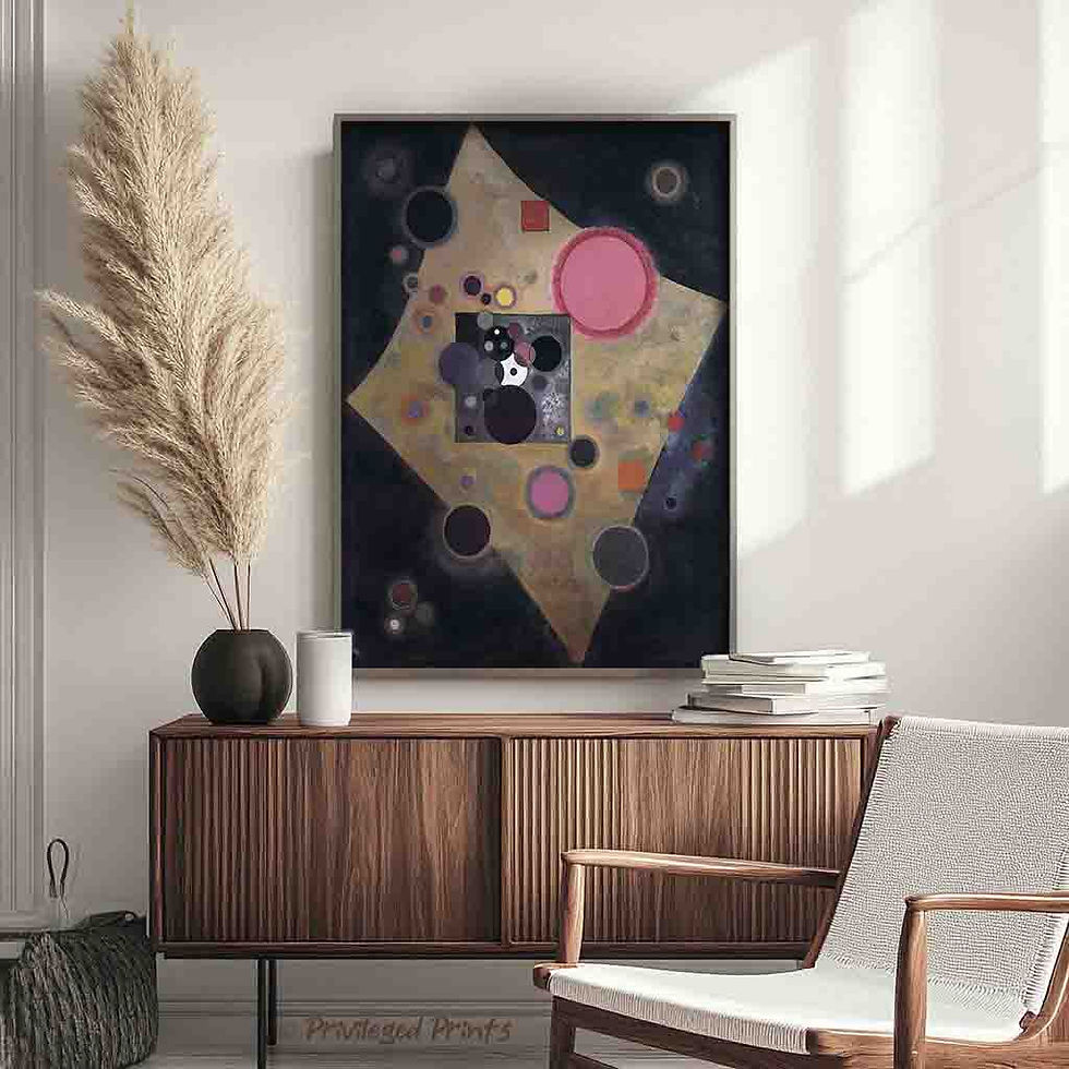 Kandinsky abstract geometric composition with pink circle focal point, scattered shapes and cosmic-inspired design elements