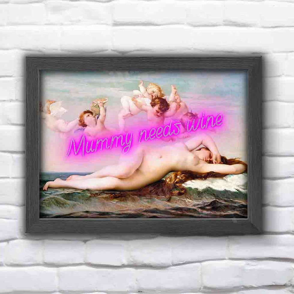 Thumbnail: Mummy Needs Wine neon altered art print Cabanel Birth of Venus pink neon text mom life parenting vintage wall art