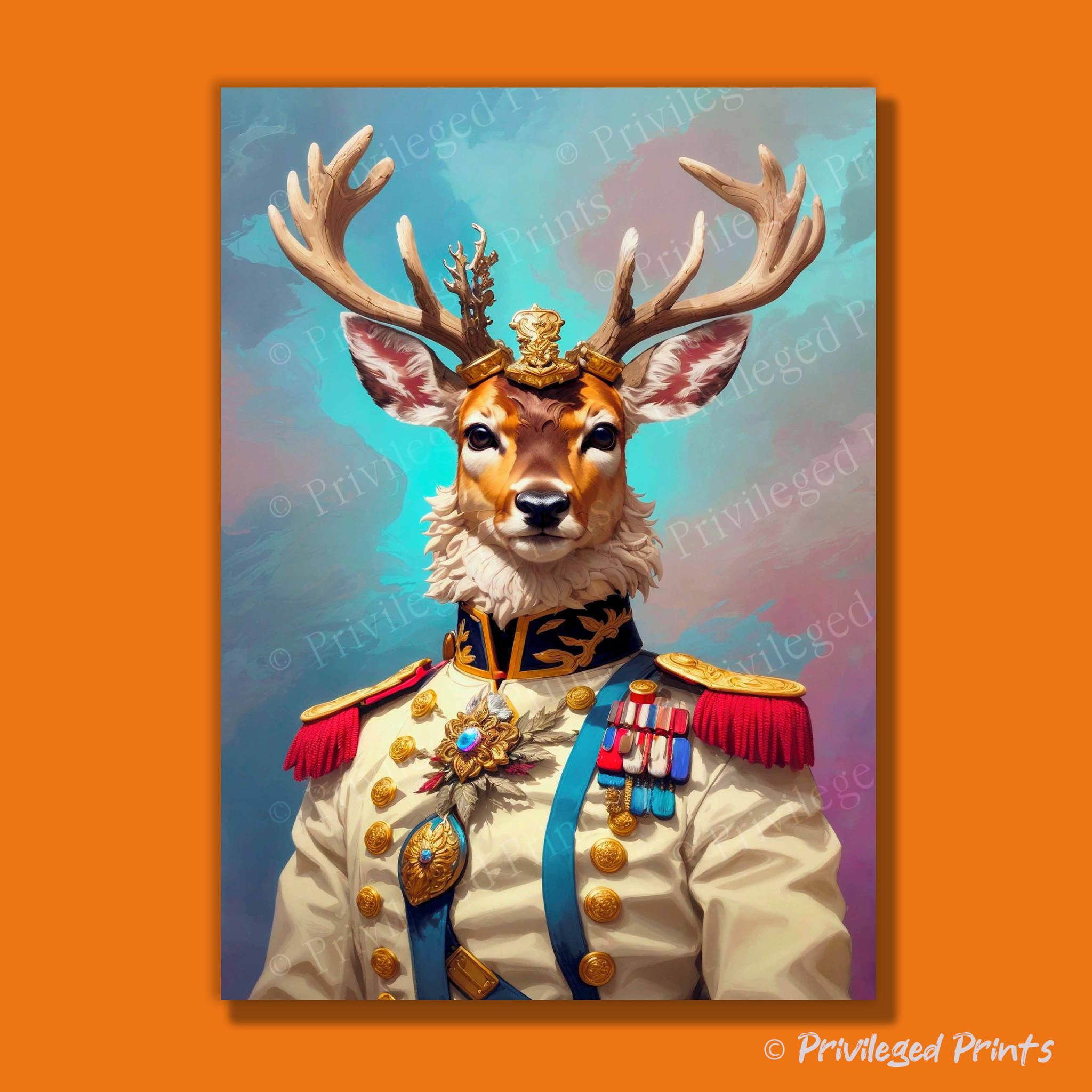 an animal art print of a reindeer in a white military uniform with red and blue accents, in the style of a Victorian portrait oil painting.