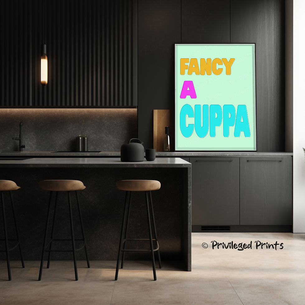 a black kitchen with A pale mint green typography art poster with "fancy a cuppa" in yellow, fuschia, and blue text 