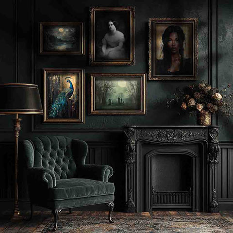 A dark and moody living room with a collection of dark, black, and gothic art prints and posters