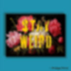 Flat-lay of the Stay Weird graffiti-altered floral print featuring bold yellow typography over dark Dutch-style flowers.
