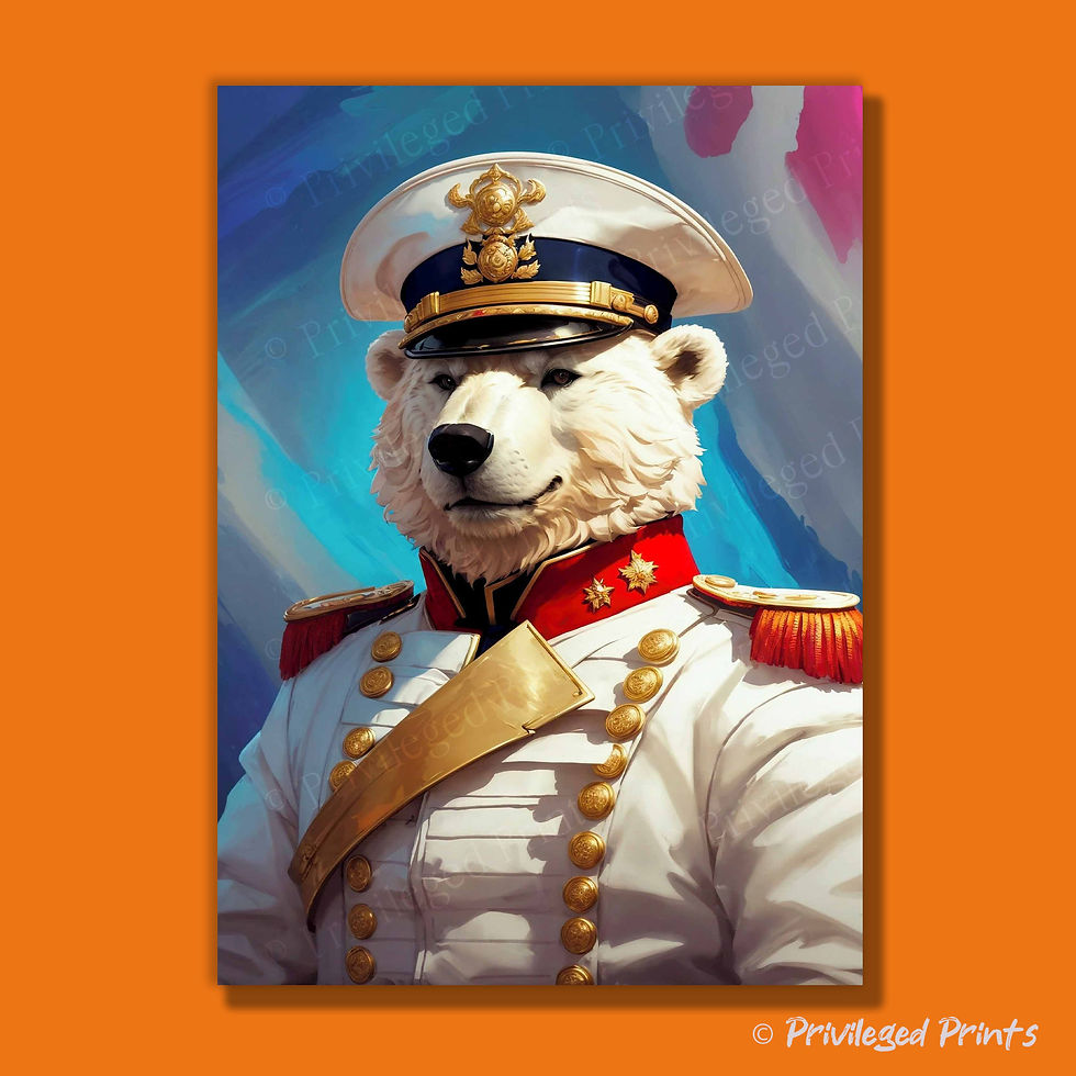 an art poster print of a polar bear in a cream white military uniform, in the style of a victorian portrait painting.