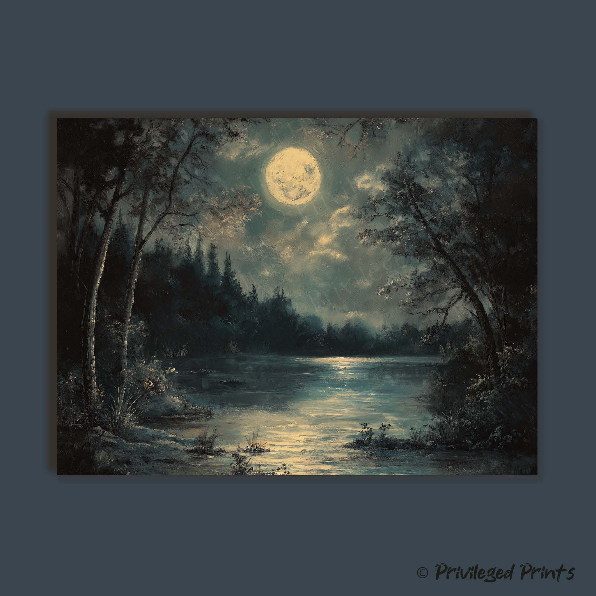 a dark and moody landscape of a lake by moonlight