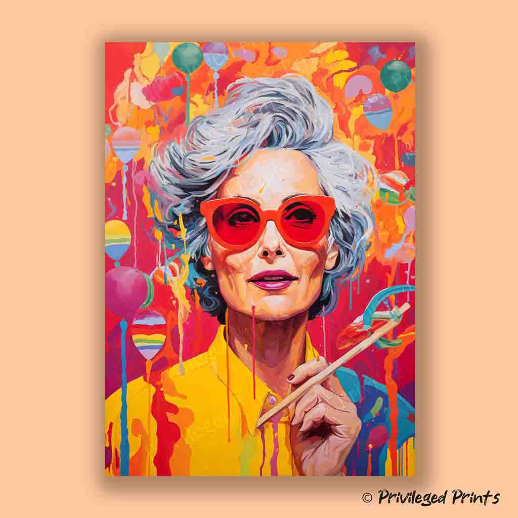 Artistic pop art print featuring woman in red sunglasses