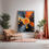 Thumbnail: an art print of an abstract artwork, representing an explosion from a central circle, in a style that is dimensional and textural. It is hanging in a modern neutral living room
