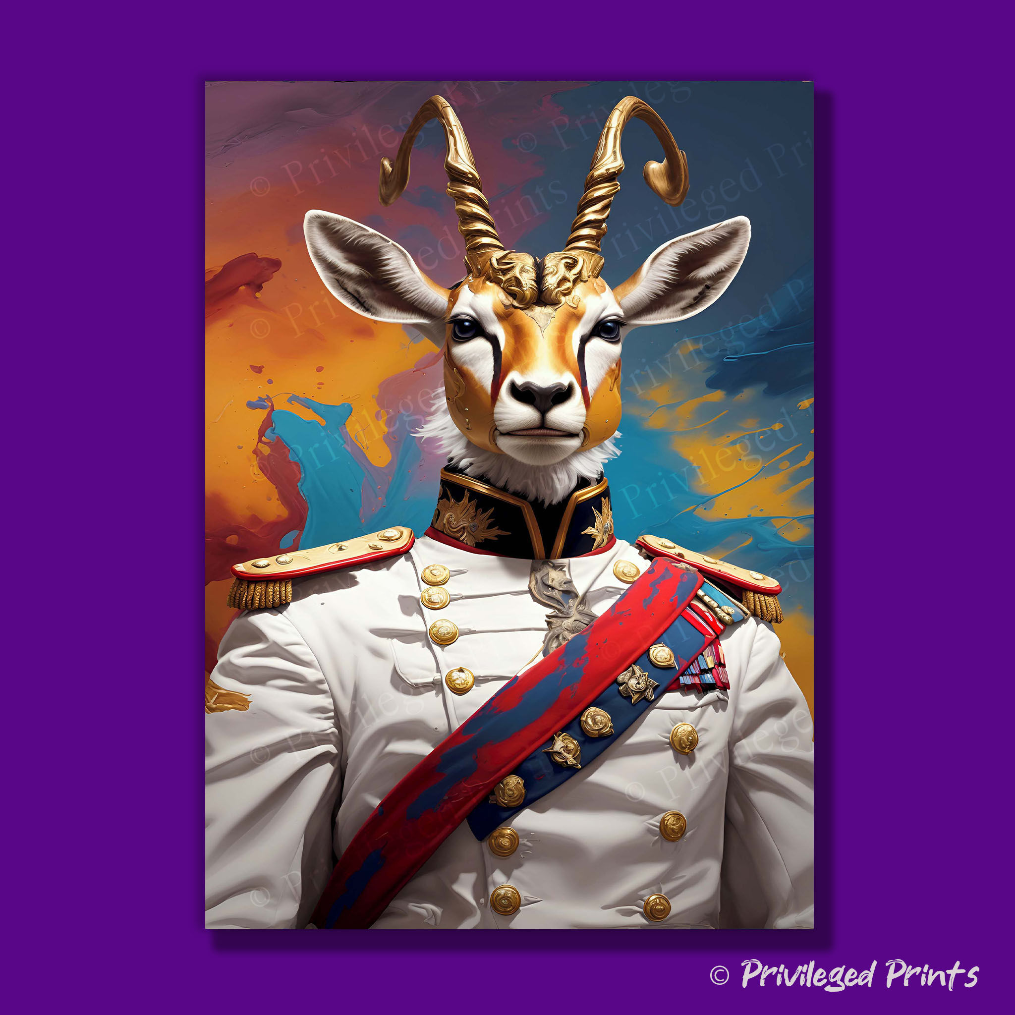 an animal art print of a deer in a cream military uniform, in the style of a Victorian portrait oil painting.