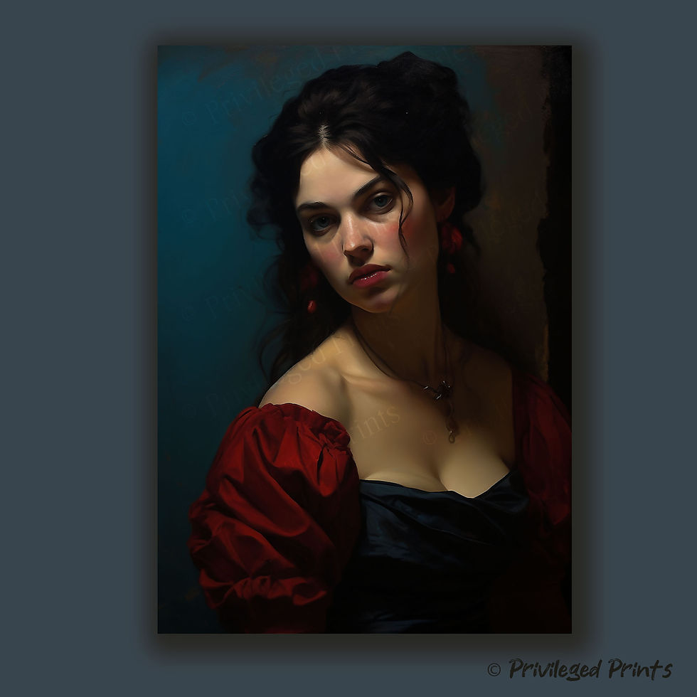 An expressive vintage oil portrait of a woman in a revealing black and red dress, against a dark and moody background, in a gothic style.
