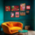 Red Room Rebels curated gallery wall displayed in a colourful teal living room with bold red artworks and an orange sofa, sty