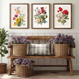 Vintage botanical and floral wall art set featuring framed flower illustration prints styled in a rustic country interior.
