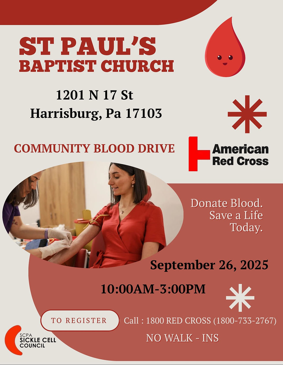 American Red Cross, St. Paul's Baptist Church and South Central PA Sickle Cell Council join together to fight against SCD and advocate for our community with a blood drive that supports us.