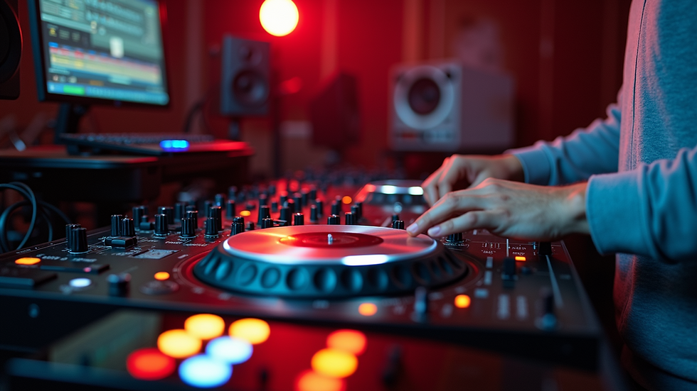 Eye-level view of a DJ mixing music at VibeRush Radio