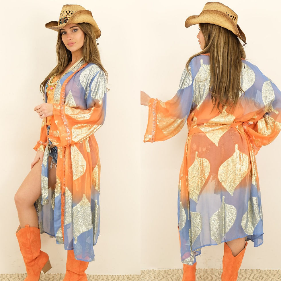 Boho Kimono Traum handmade Modell „golden Leaves“ mit goldenem Aufdruck