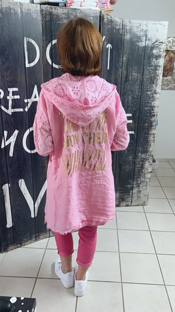 Miniaturbild: Kapuzen Leinen Cardigan „Mon Cher“ mit Lochstickerei und goldenem Druck