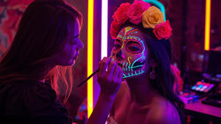 Fotografía realista de maquillador(a) aplicando maquillaje neón Lumins en modelo mexicana