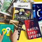 A collection of books and magazines on a yellow background.