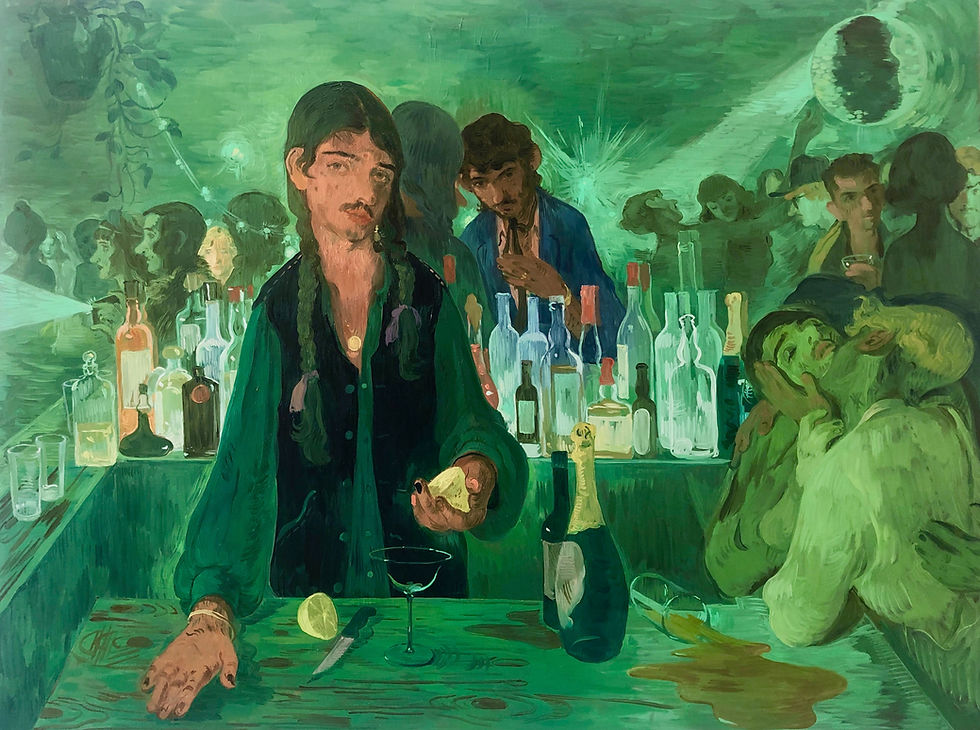 Painting of a young man in a bar.
