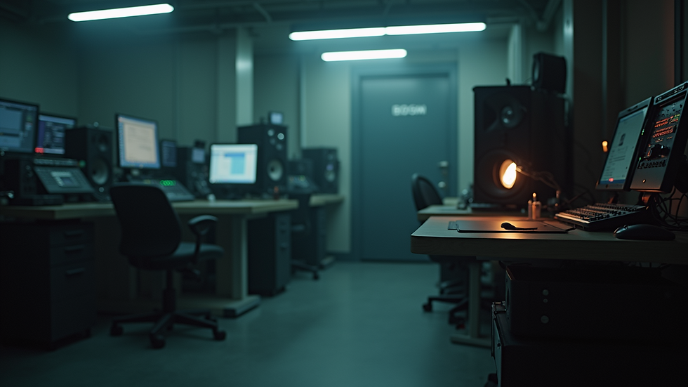Eye-level view of a dimly lit room with BDSM equipment arranged neatly