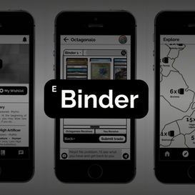 E-Binder - Logo with a background of 4 IPhones showcasing the functionality of the app