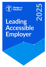 A bright blue digital badge in the shape of a downward-pointing banner. At the top left, there's a white circular icon featuring a stylized human figure with arrows, next to the words “Pledge to Measure.” Large white text in the center reads: “Leading Accessible Employer.” The year “2025” is written vertically on the right-hand side in light blue. The bottom portion of the badge fades into a lighter blue with a subtle line graph and icons representing accessibility, such as a wheelchair, assistive devices, and inclusive design elements.