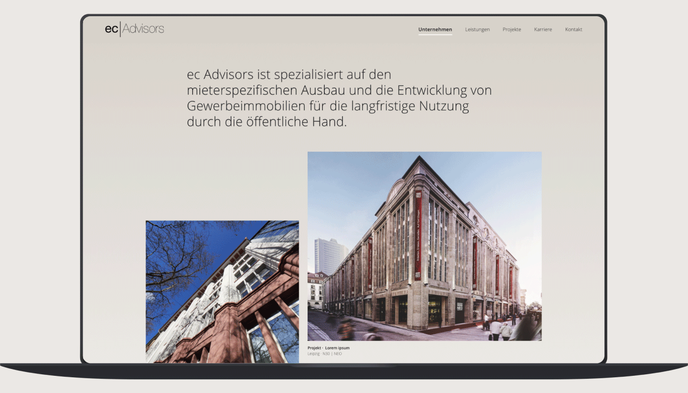 Animation ec Advisors Webseite Desktop View