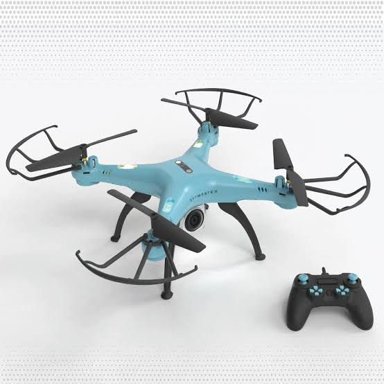 Blue drone with remote control against white background, 1500TVL camera, KITSONIX.