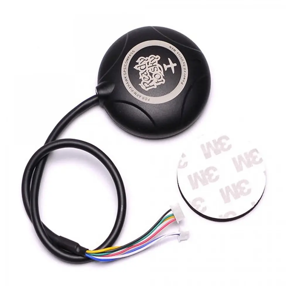 Black GPS module connected with wires, Readytosky Ublox NEO-M8N with Compass and connector.