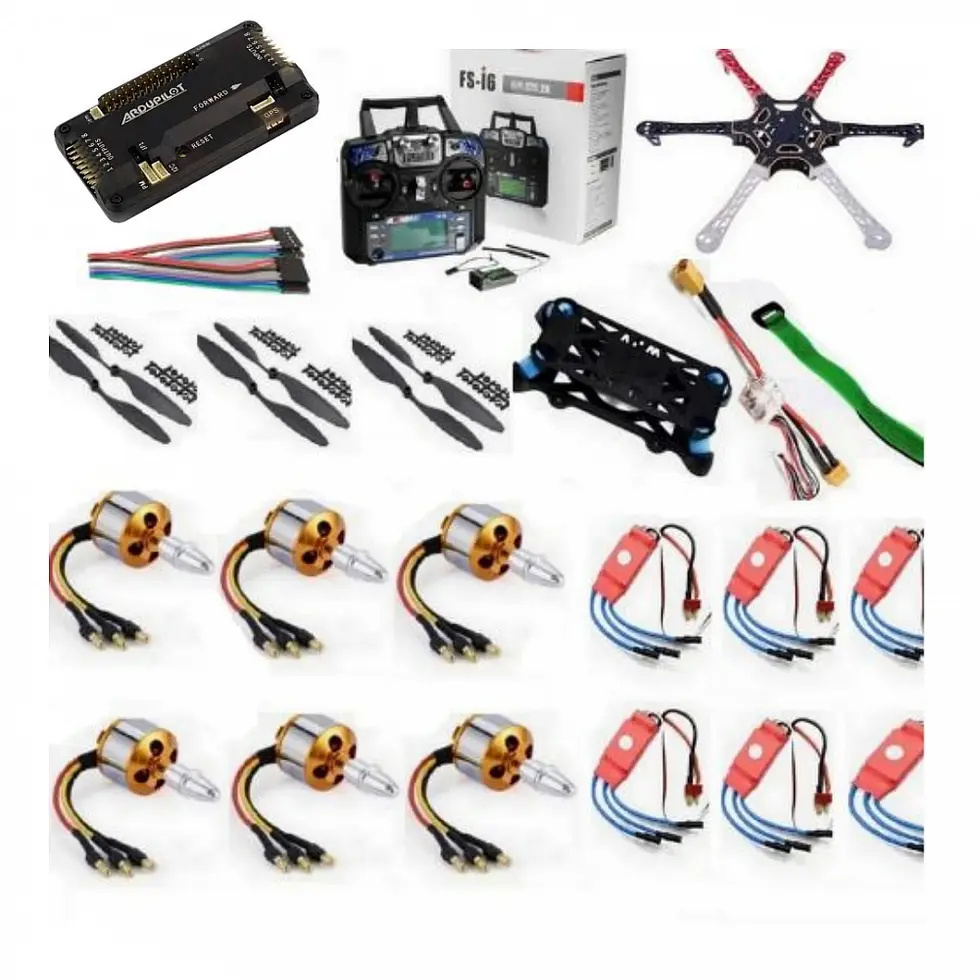 Drone parts kit with motors, propellers, receiver, and assorted accessories.