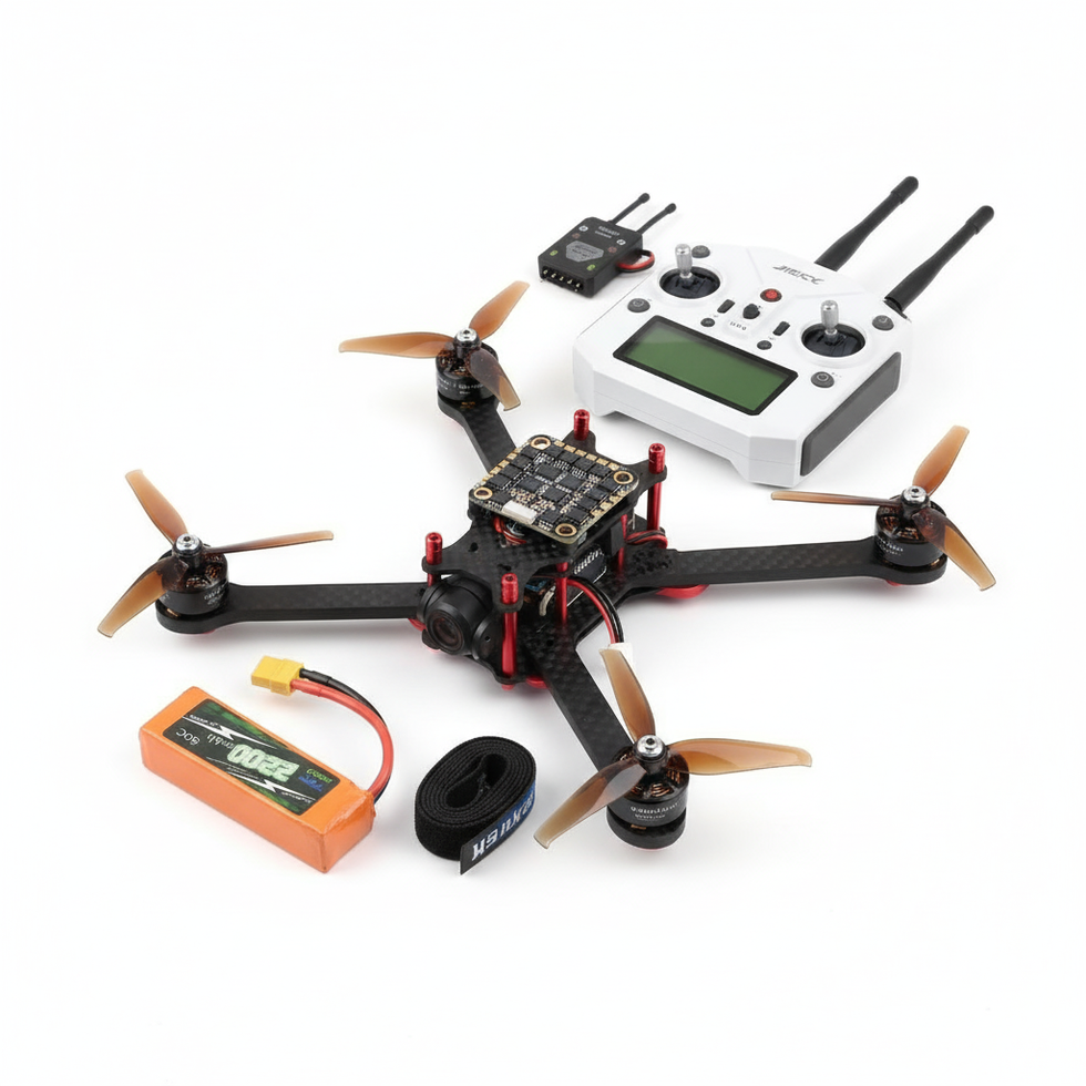Drone and remote control kit on white background. KITSONIX 1500TVL 1/3″ CMOS Mini FPV Camera.