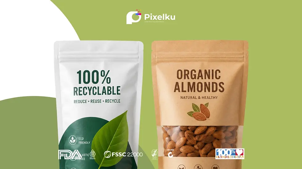 Ilustrasi mockup berbagai varian standing pouch custom ramah lingkungan dan berjendela transparan berisi kacang almond dari Pixelku, didukung standar mutu FDA, Halal, serta FSSC 22000.