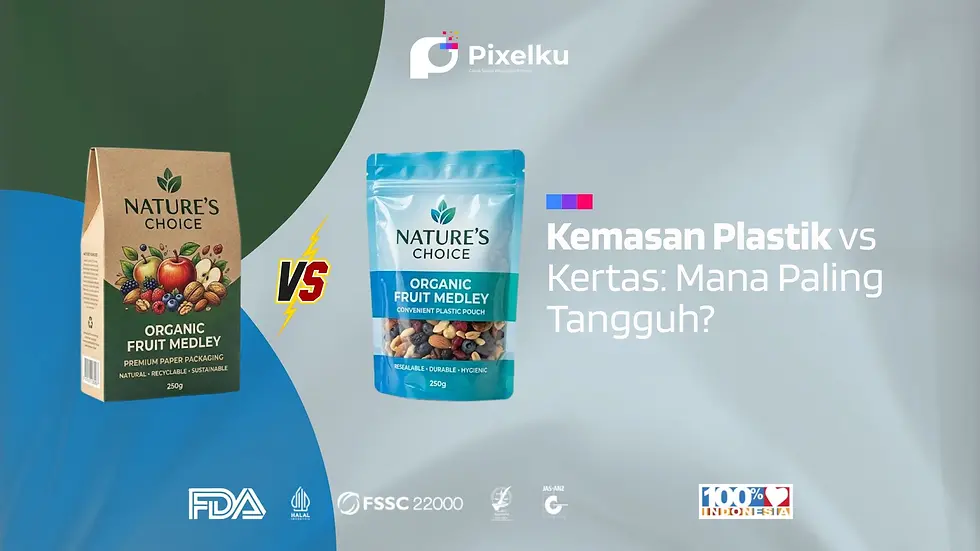 Banner edukasi Pixelku membandingkan ketangguhan material kemasan plastik standing pouch vs kemasan kertas untuk produk makanan organik.