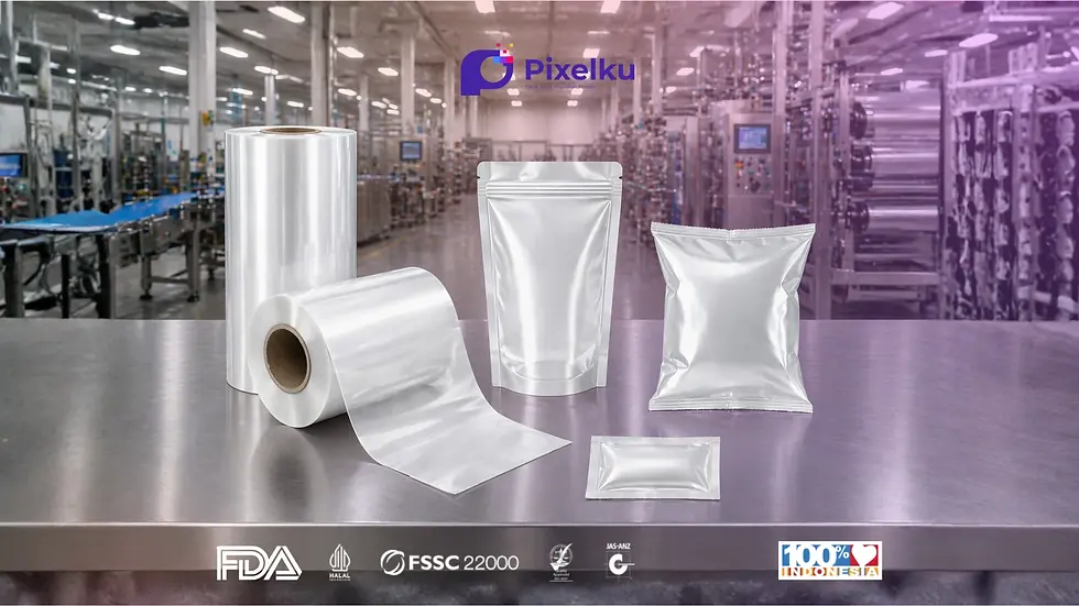 Gambar close-up rol kemasan transparan (roll stock) dari Pixelku, menampilkan penggunaan roll stock bahan nylon yang kuat dan kedap udara untuk menjaga kualitas produk, sebagai katalog visual referensi material kemasan fleksibel bersertifikat food grade bagi kebutuhan industri makanan.