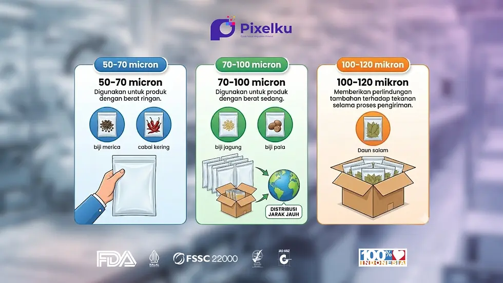 Infografis empat langkah panduan dari Pixelku yang berisi ilustrasi penyesuaian ukuran, ketebalan material, fitur tambahan tear notch, dan desain kemasan yang menarik, menyajikan tips optimalisasi penggunaan kemasan 3 side seal bahan PE, sebagai materi edukasi bagi pelaku usaha dalam menentukan spesifikasi kemasan fleksibel bersertifikat food grade.