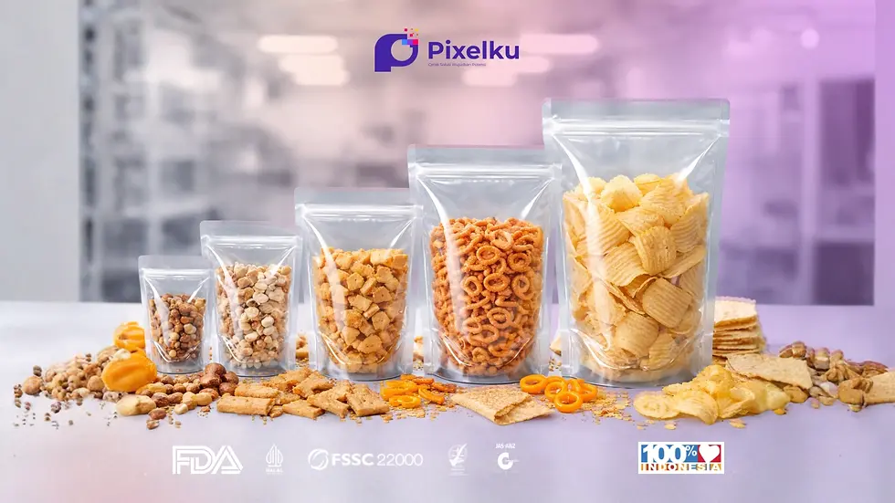 Spanduk digital berlatar belakang area pameran yang memudar menampilkan logo ALLFood Indonesia berdampingan dengan logo Pixelku serta deretan sertifikasi keamanan pangan, menginformasikan kehadiran Pixelku yang menghadirkan solusi kemasan inovatif untuk industri makanan, sebagai undangan dan informasi detail lokasi pameran di Booth C17-C18 pada 15-18 April 2026.