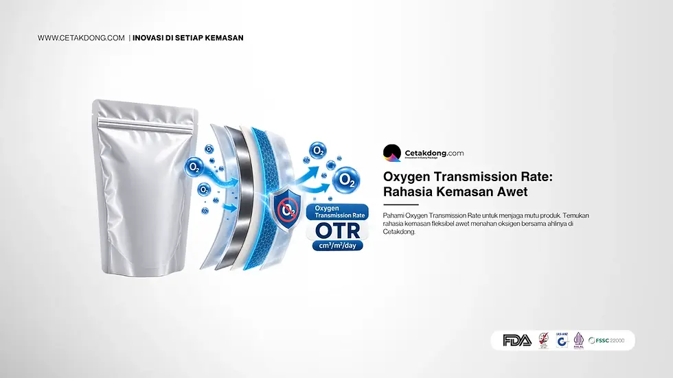 Banner edukasi Cetakdong yang membahas Oxygen Transmission Rate (OTR) sebagai rahasia kemasan awet untuk standar industri manufaktur
