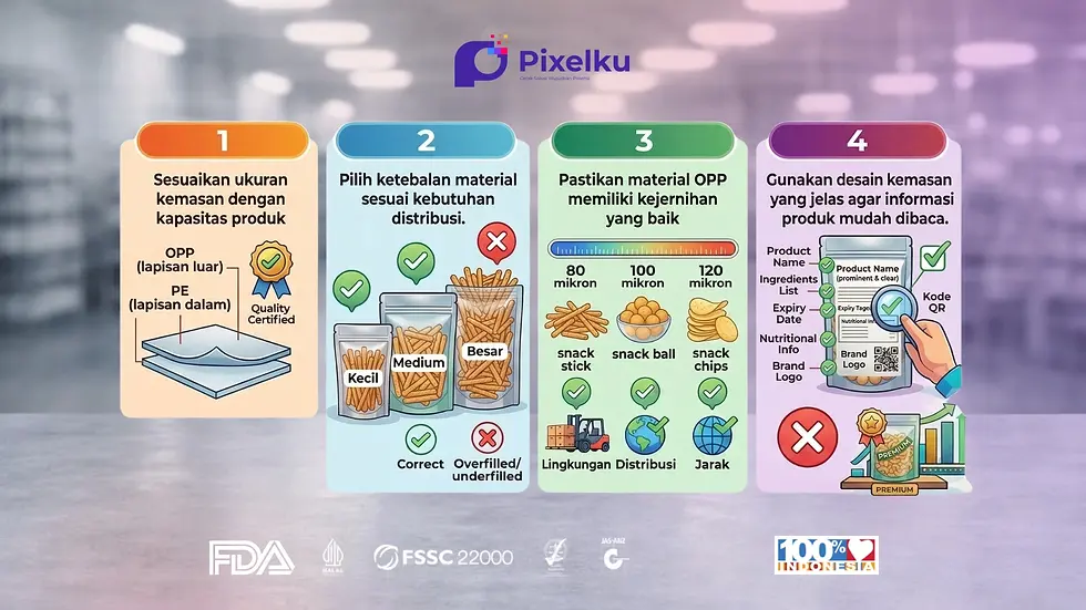 Infografis empat langkah panduan dari Pixelku yang berisi ilustrasi penyesuaian ukuran, ketebalan, kejernihan, dan desain label informasi produk, menyajikan tips optimalisasi penggunaan standing pouch bahan OPP untuk kemasan makanan, sebagai materi edukasi bagi pelaku usaha dalam menentukan spesifikasi kemasan fleksibel yang tepat dan bersertifikat food grade.