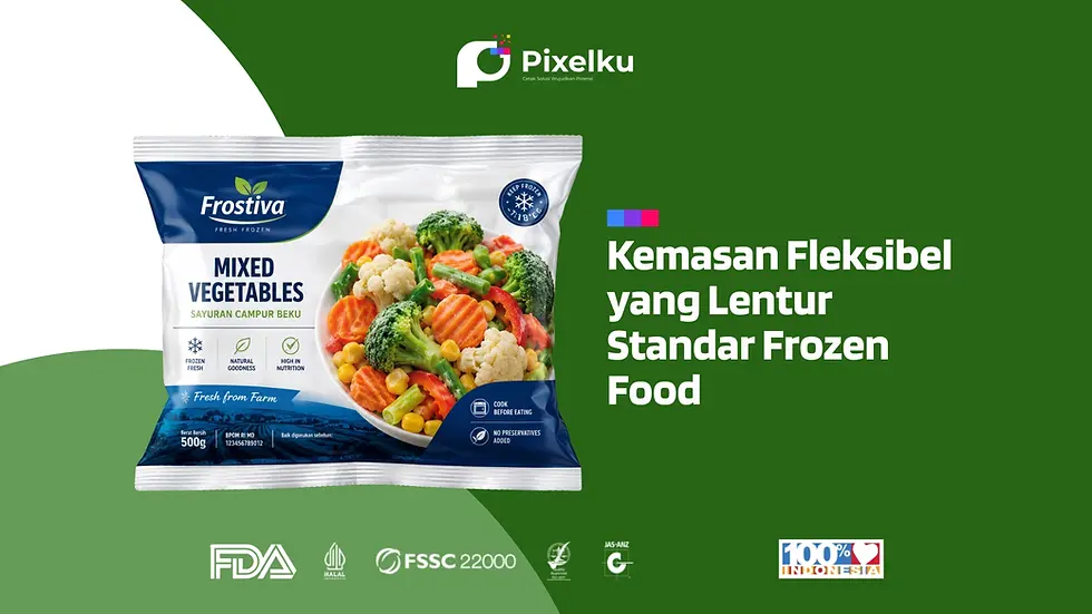 Banner edukasi Pixelku yang menampilkan spesifikasi kemasan fleksibel tipe center seal yang lentur dan memenuhi standar industri frozen food skala manufaktur