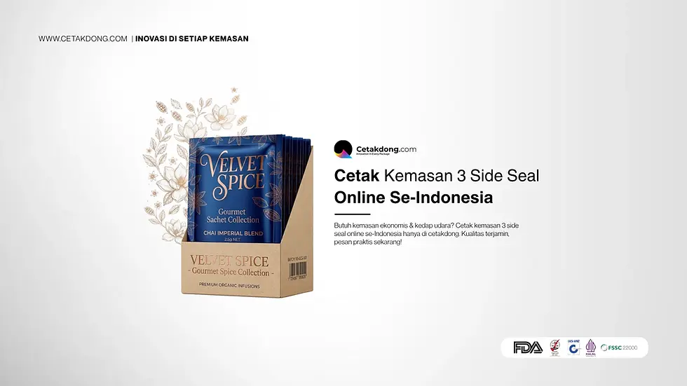 Banner digital yang menampilkan ilustrasi kemasan 3 side seal berdampingan dengan boks, dilengkapi logo Cetakdong serta lencana garansi waktu 15 hari selesai, menawarkan layanan cetak kemasan custom dengan berbagai pilihan varian material, sebagai materi promosi digital untuk memberikan solusi pengemasan bersertifikat food grade yang terjamin cepat dan berkualitas bagi pelaku bisnis.