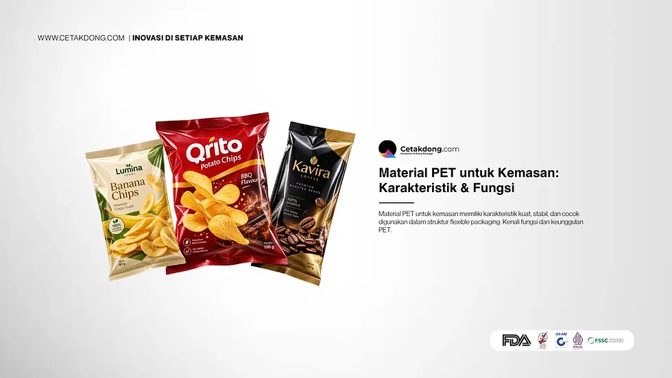 Banner edukasi Cetakdong yang membahas material PET untuk kemasan, karakteristik, dan fungsinya untuk standar industri manufaktur