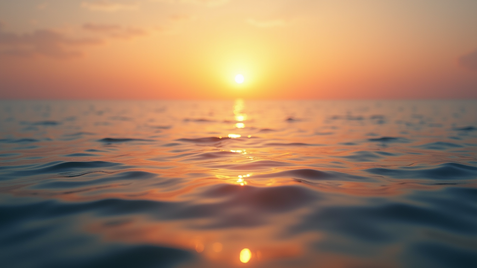 Eye-level view of a calm ocean horizon at sunset