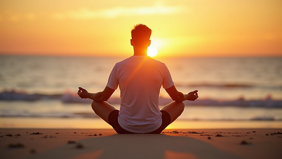 Close-up view of a person sitting cross-legged on a beach during sunrise
