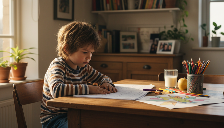 Eye-level view of a child sitting at a kitchen table with homework and colouring pencils nearby