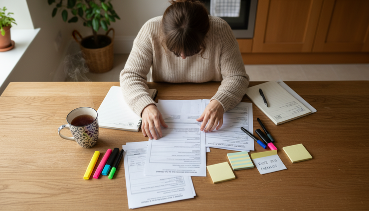 Overhead view of a parent reading school papers beside a mug and highlighters