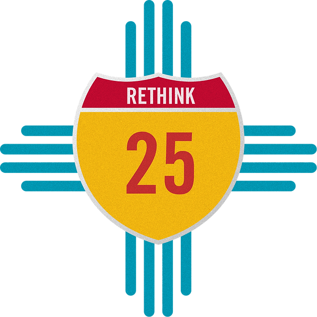 Rethink I-25 campaign logo, showing a highway sign over a Zia symbol. The logo features colors associated with New Mexico.