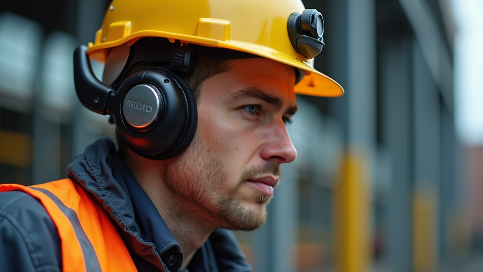Eye-level view of a worker wearing a safety helmet with a wearable device