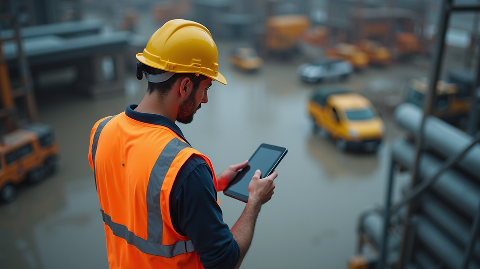 High angle view of a worker using a tablet to report safety issues on site